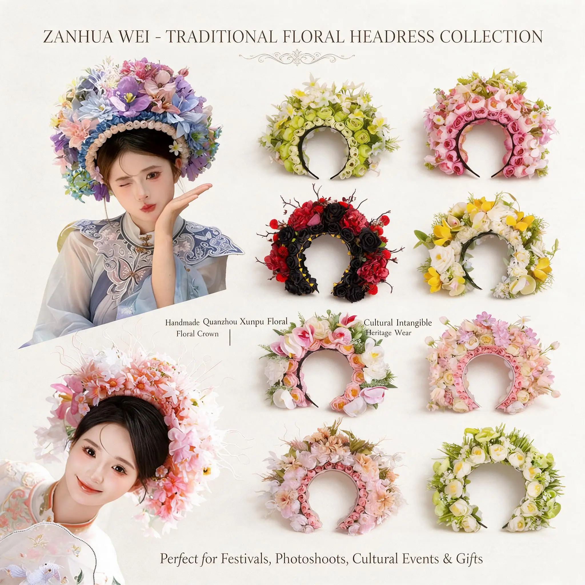2026 New Chinese Xunpu Zan Hua Floral Hair Hoop Ethnic Hanfu Headwear For Outing Photo Prop Vacation Festival Party Themed Event