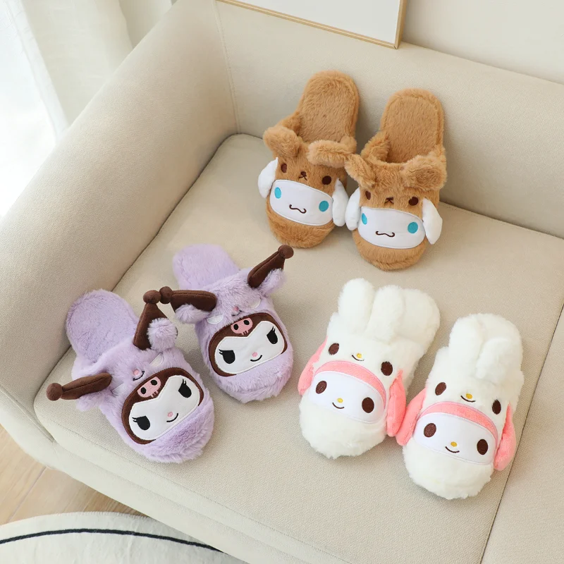 Sanrio autumn and winter Kulomi cute warm home women's shoes Melody cartoon non-slip thick-soled plush cotton slippers