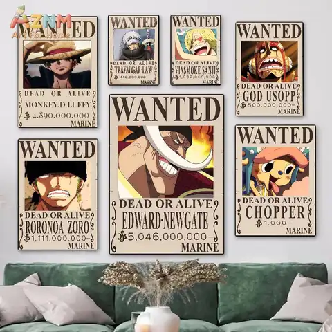 AZNM One Piece Vintage Wanted Bounty Canvas Print Unframed Luffy Zoro Sanji Law Whitebeard Usopp Chopper Anime Wall Art Poster D