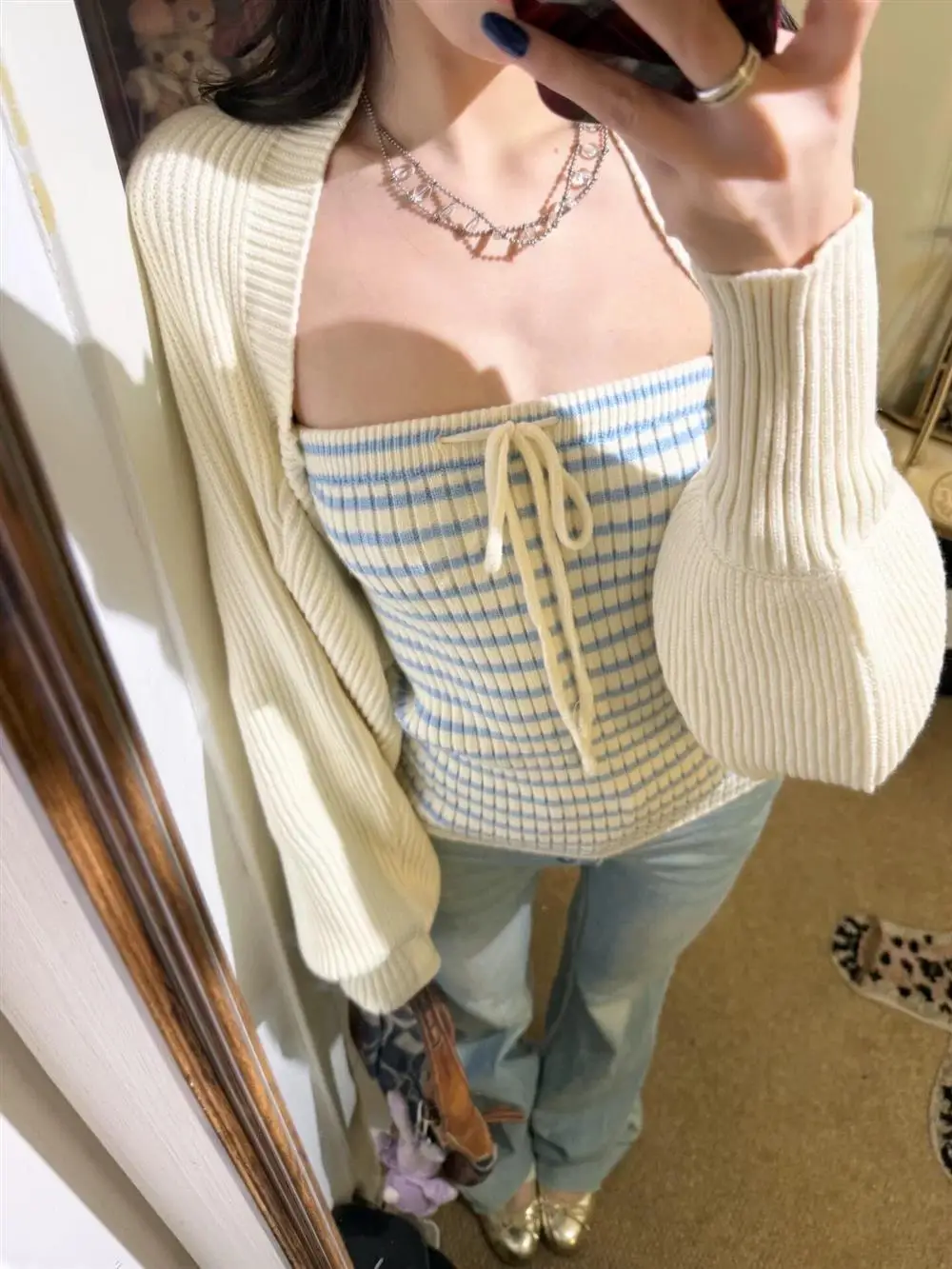 

Early Spring Pure Desire Spicy Girl Matching Set Korean Sweet Style Color Block Striped Tube Top over Knitted Cardigan Two Pi...