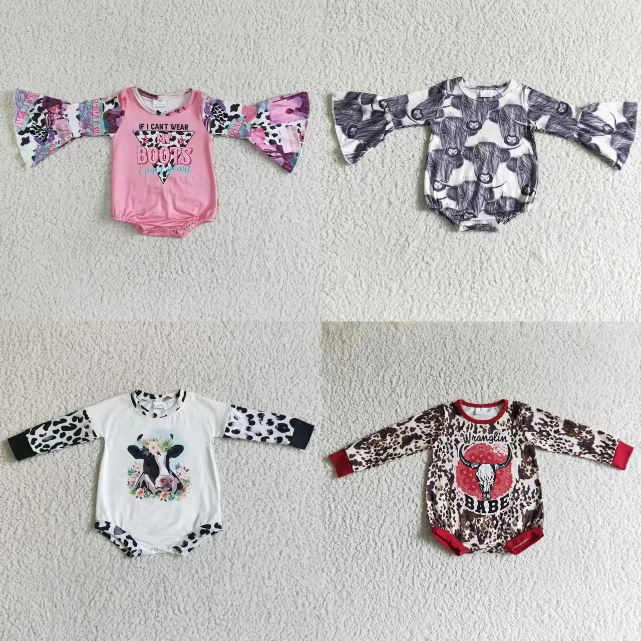 

Wholesale Baby Kids Long Sleeves Clothes Western Cow Print Bubble Romper Toddler One-piece Newborn Bodysuit Coverall Jumpsuit