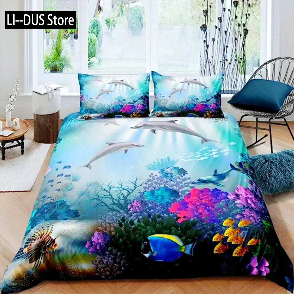 

Dolphin Seaworld Duvet Cover Microfiber Sea Turtle Underwater World Gray Dolphin Ocean Blue For Decoration Kid Boys Girls Adults