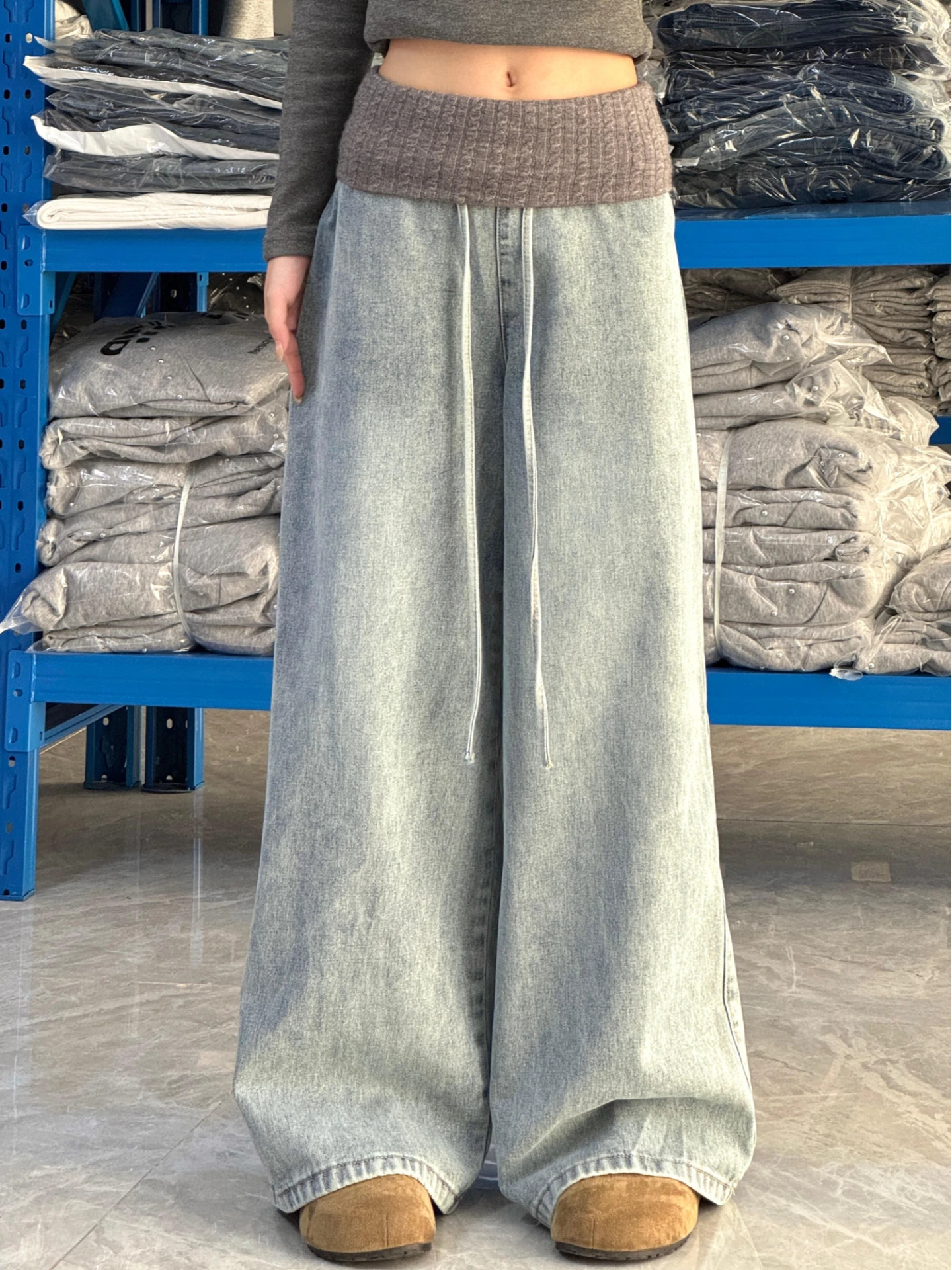 

Retro American Large Size Knitted Patchwork Wide Leg Pants Women's Loose Lazy Draping Floor-Length Casual High Waist Jeans