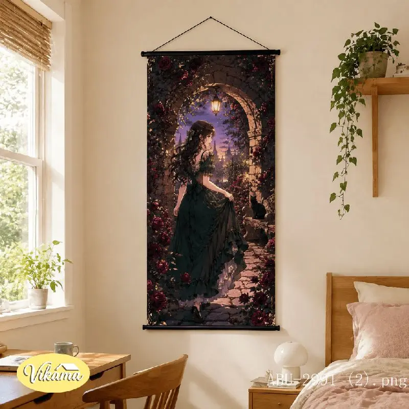 VIKAMA Green Dress Girl Tapestry Red Rose Archway Black Cat Night City Anime Art Polyester Wall Hanging Bedroom Dorm Home Decor