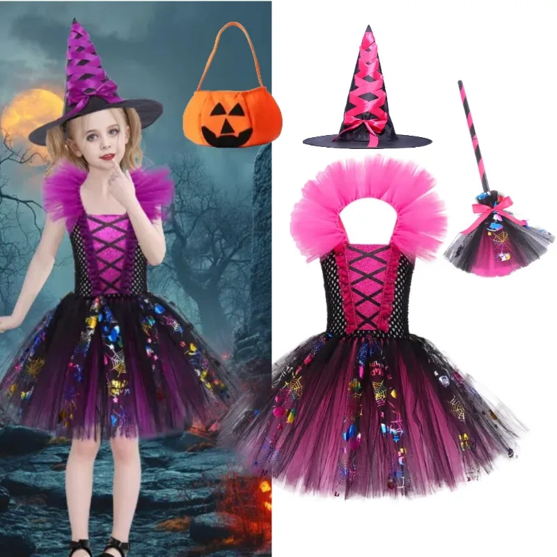 

New Halloween Child Witch Cosplay Costume Vampire Ghost Tutu Dress Hat Broom Pumpkin Candy Bag Suit for Carnival Party Outfits
