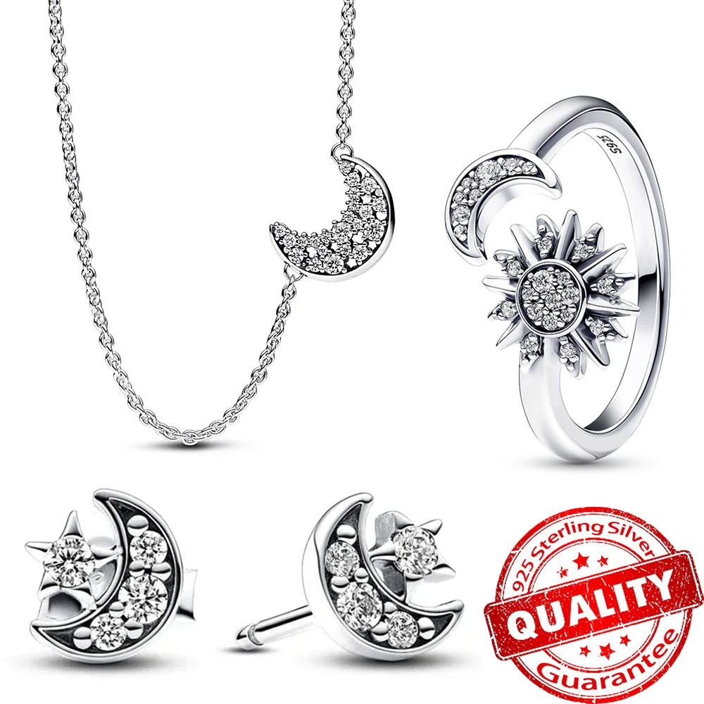 

Sparkling Moon Necklace & Celestial Star Stud Earrings & Pavé Zircon Sun Ring Light Luxury Girl 925 Sterling Silver Jewelry Set