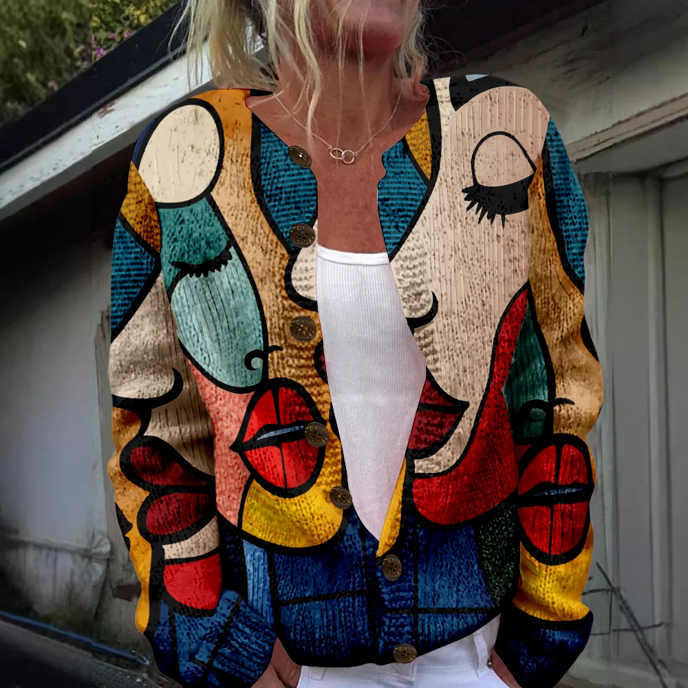 

Autumn Winter Knitted Art Face Cardigan Vintage Casual Sweater Japanese Fashion Streetwear Women Sweaters Knit Top Jumpers