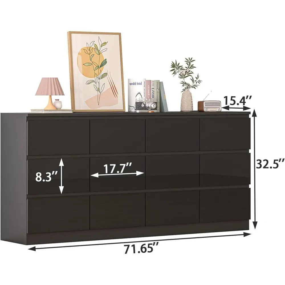 Commode contemporaine à 12 tiroirs avec station de recharge, commode de rangement spacieuse pour la maison en noir