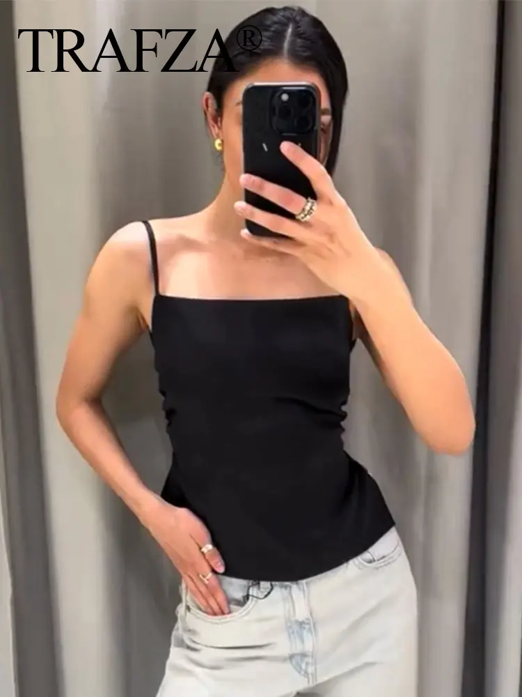 TRAFZA Summer New Fashion Woman Top Solid Satin Bow Decoration Tops Sleeveless Thin Backless Chic Wild Female Halter Camis Y2K