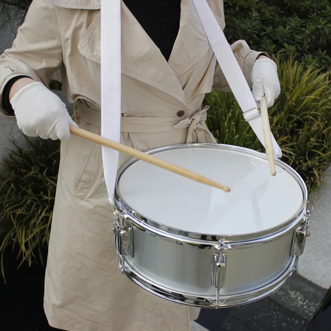 Snare Drum 14in Stainless Steel for Military Band Student Beginners with Drumsticks Strap