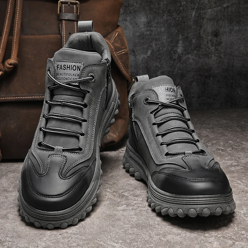 Casual Shoes Motorcycle Boots High-Top Winter New Style Cotton Shoes Rubber Outsole Round Toe Flat Heel Men's Leather Boots