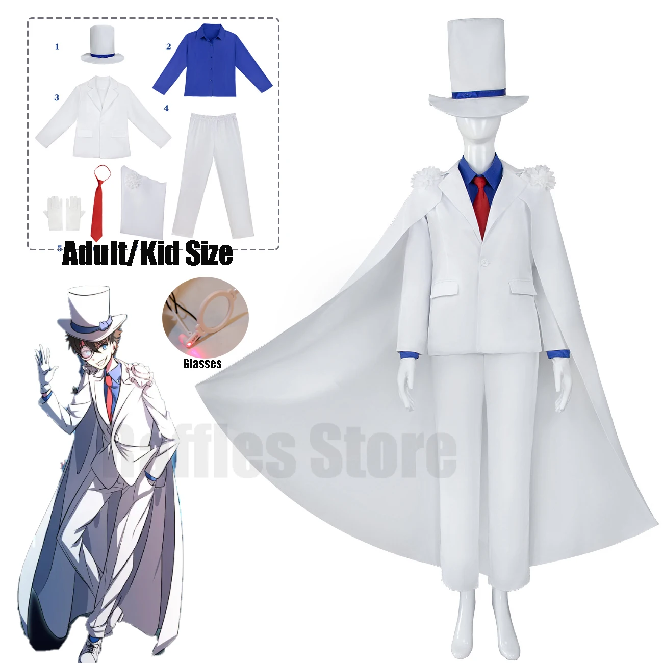 Adult Kids Conan Kid the Phantom Thief Anime Cosplay Costume Hat Glasses Kaitou Kiddo White Prince Uniform Suit Halloween Party