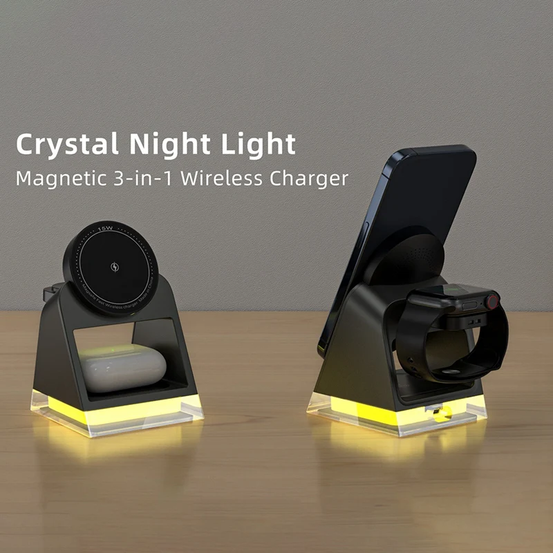 3 In 1 Magsafe Wireless Charger Stand With Touch Crystal Lamp For Iphone 15 Pro Max Iwatch  Pro Charging Station Durable