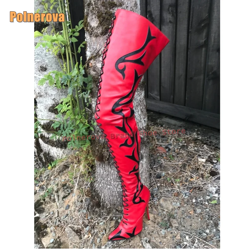 

Red Flame Pattern Sexy Long Boots Pointed Toe Stiletto Mixed Colors Cross Tied Patchwork Women Over The Knee Boots 2025 Newest