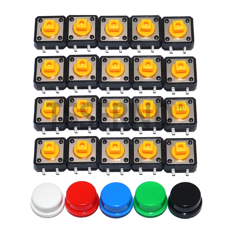 20PCS 12*12*7.3MM Micro switch button + (20PCS 5 colors Tact Cap) Tactile Push Button Switch Momentary