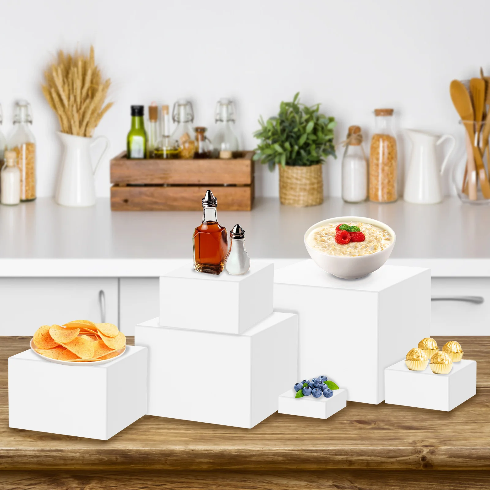6pcs Acrylic Buffet Riser Food Display Stands Stackable Box 6 Different Sizes Dessert Cake Party Buffet Display Decorating Box
