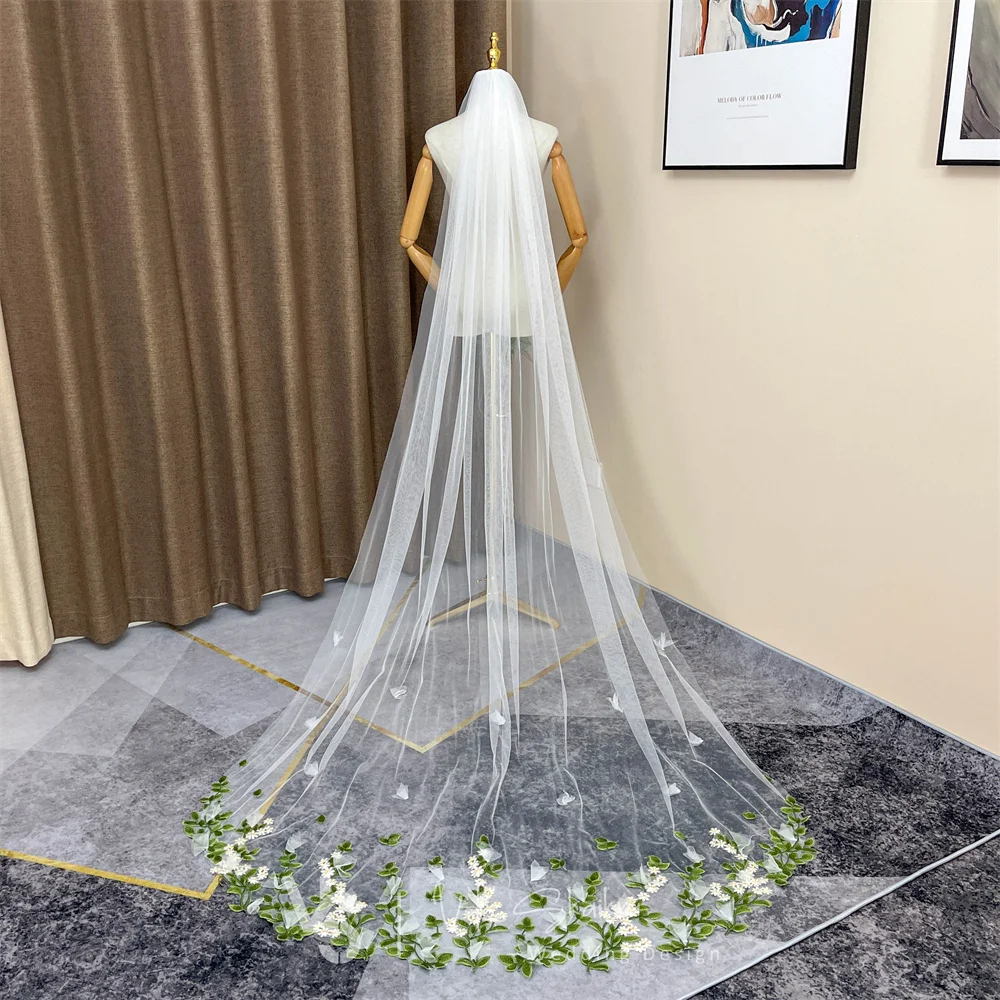 VK SKAIKRU velo de novia con peine apliques de marfil flores 3D velos de novia largos tipo catedral para boda borde cortado de una capa