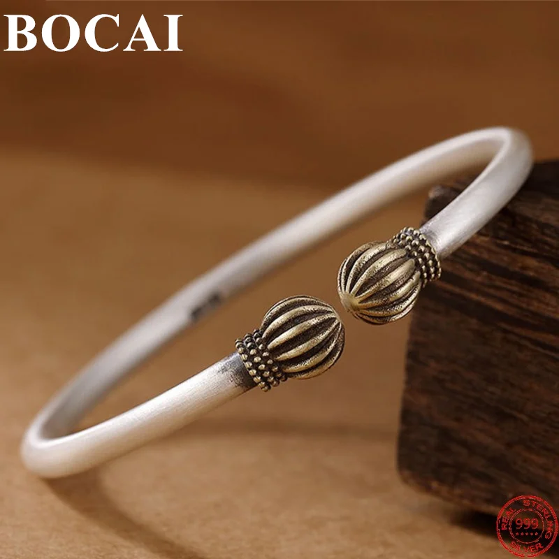 

BOCAI S999 Sterling Silver Bracelets Popular Smooth Surface Vajra Pestle Solid Bangle Pure Argentum Hand Ornament for Women