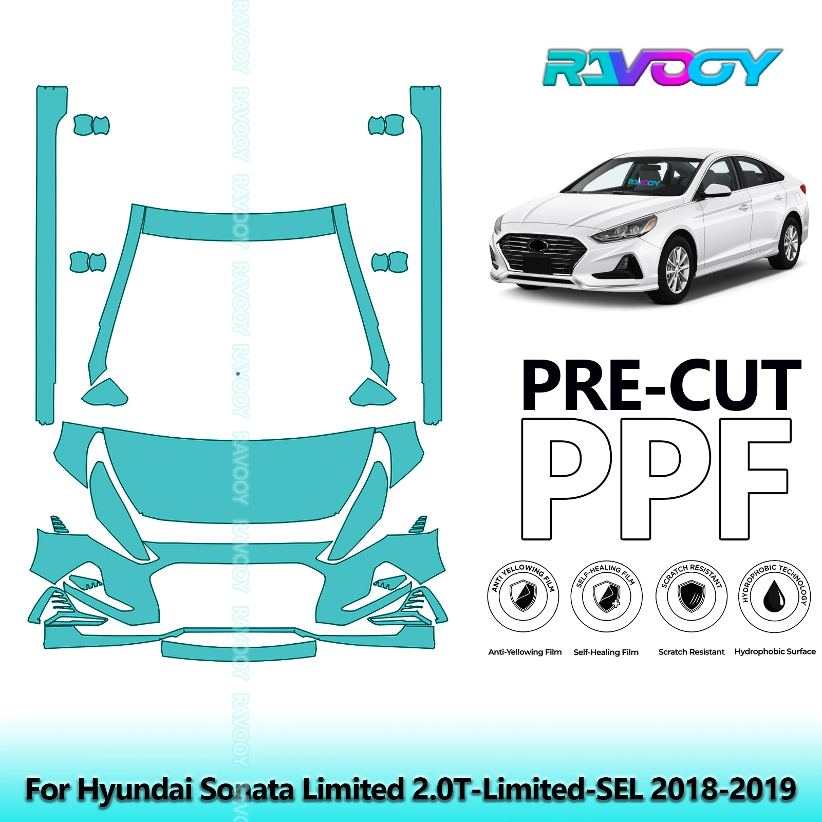 RAVOOY 8.5Mil Precut TPU PPF Front Kit+Rockers Clear Bra Stone Guard For Hyundai Sonata Limited 2.0T-Limited-SEL 2018-2019
