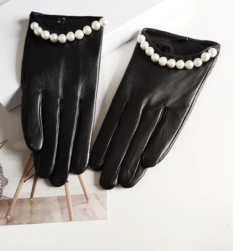 Women's Spring Autumn Pearl Beaded Natural Sheepskin Leather Glove Female Fashion Genuine Leather Driving Glove R2133