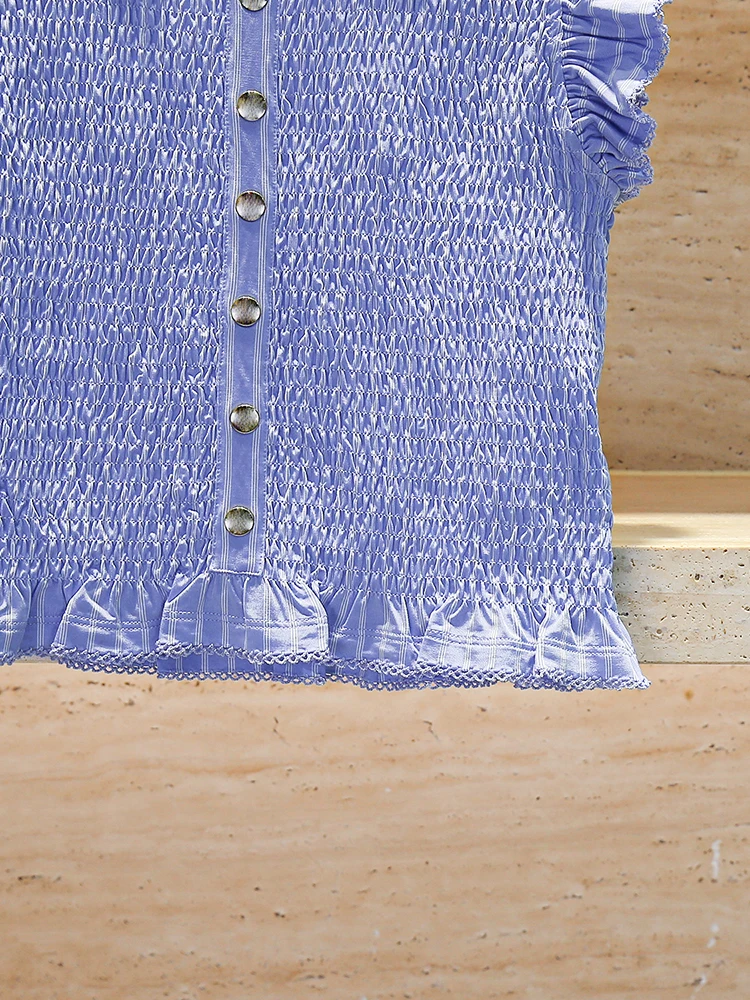 

S Home Nan You High End Women's Summer irt with Pleated Fly Sve Stand Collar Gauze Top Women's Faion Blouse