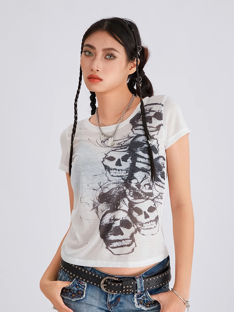 Vrouwen Vintage Schedelprint T-shirts Zomer Casual Korte Mouw Crop Tops Blouses Grunge Esthetische Kleding 00s Streetwear