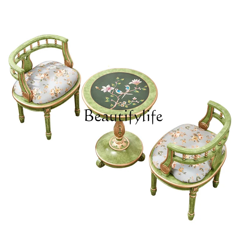 French Painted Flower and Bird a Table with Two Chairs Solid Wood Single Sofa Conference Chair Green round Table