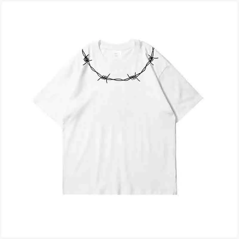 Summer Cotton Thorns Embroidery Letter Short Sleeve O Neck Men T Shirts Loose Hip Hop Punk 2xl Oversized Streetwear Black White