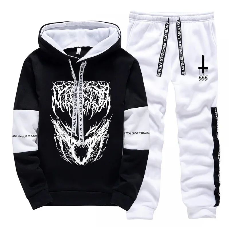 

Сатанинская толстовка с капюшоном и перевернутым крестом, спортивные штаны, мужской спортивный костюм, осень-зима, повседневный повседневный спортивный комплект для бега, мужская повседневная одежда