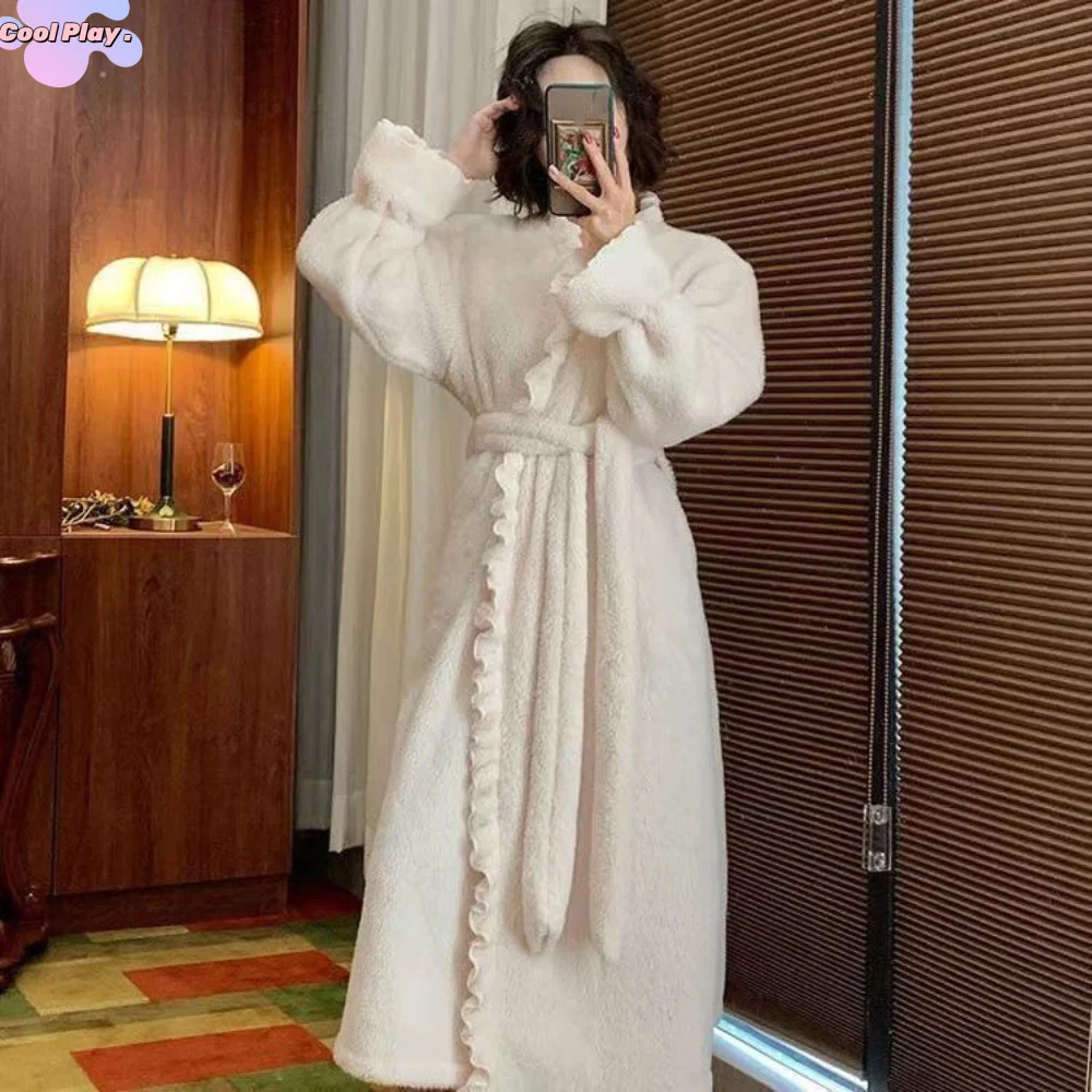 

Cloak Long Sleeves Coral Fleece Sleepwear Thicken Warm Sweet Winter Flannel Night-robe Lace-up Ruffle Plush Nightgown Nightwear