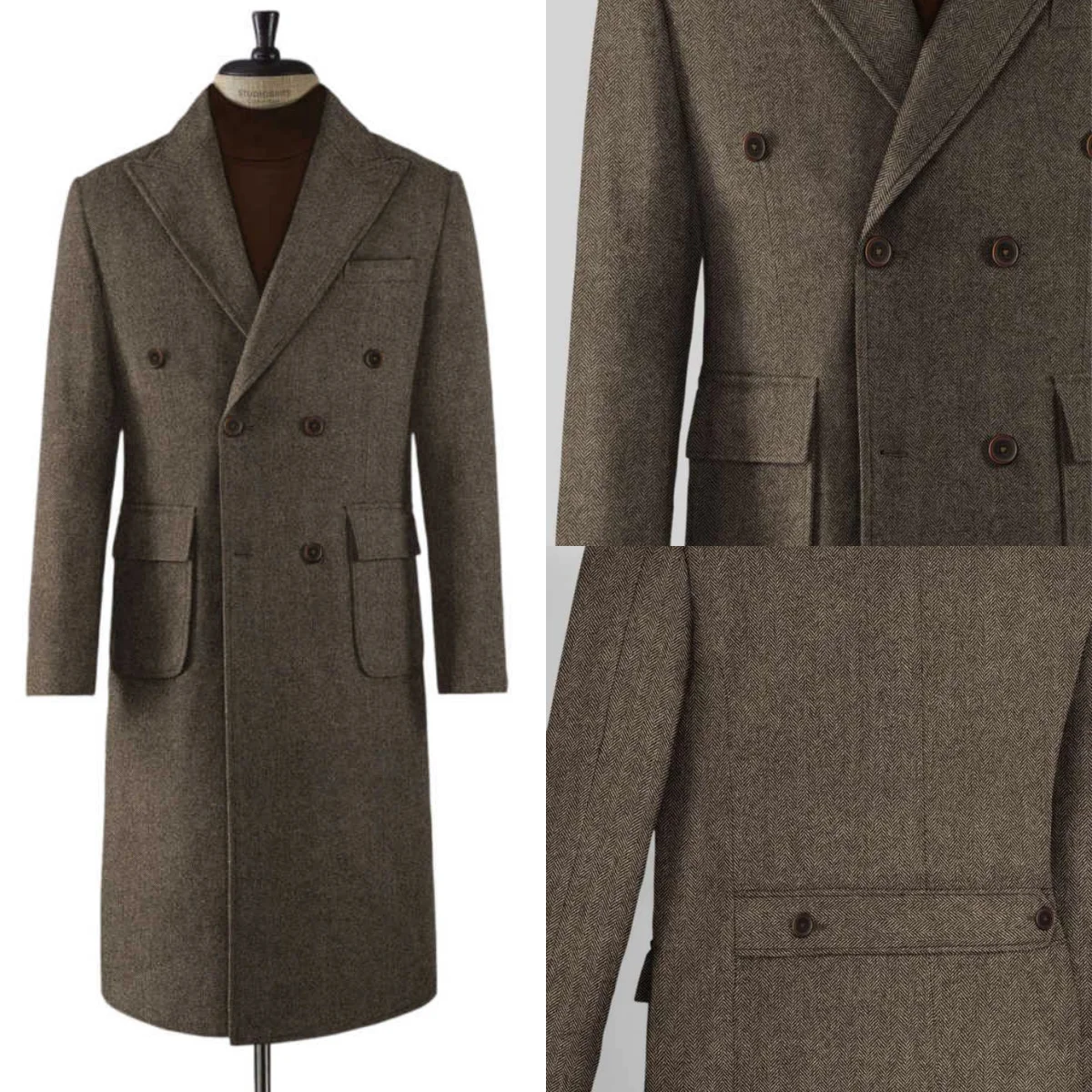 

Handsome Men Long Overcoat Double Breasted Wool Blends Overcoat Warm Winter Business Jacket Customized Blazer