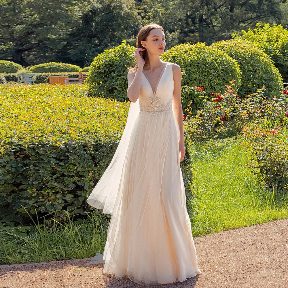 Vestido De Novia De tul con cuello en V, traje Sexy sin mangas, línea A, apliques De lentejuelas, Espalda descubierta, largo hasta el suelo