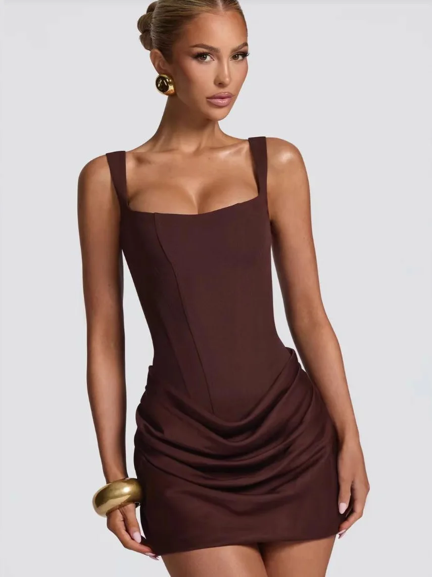 

Sexy Slim Fit Fibone Pleated Wraparound Dr High Waist Polyester Square Collar Svel Women's Faion New Sle