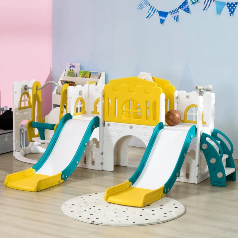 

8 in 1 Toddler Slide and Swing Set with 2 Slides，Climber, Aisle, Steering Wheel, Storage Space, Telescope, Indoor Playground