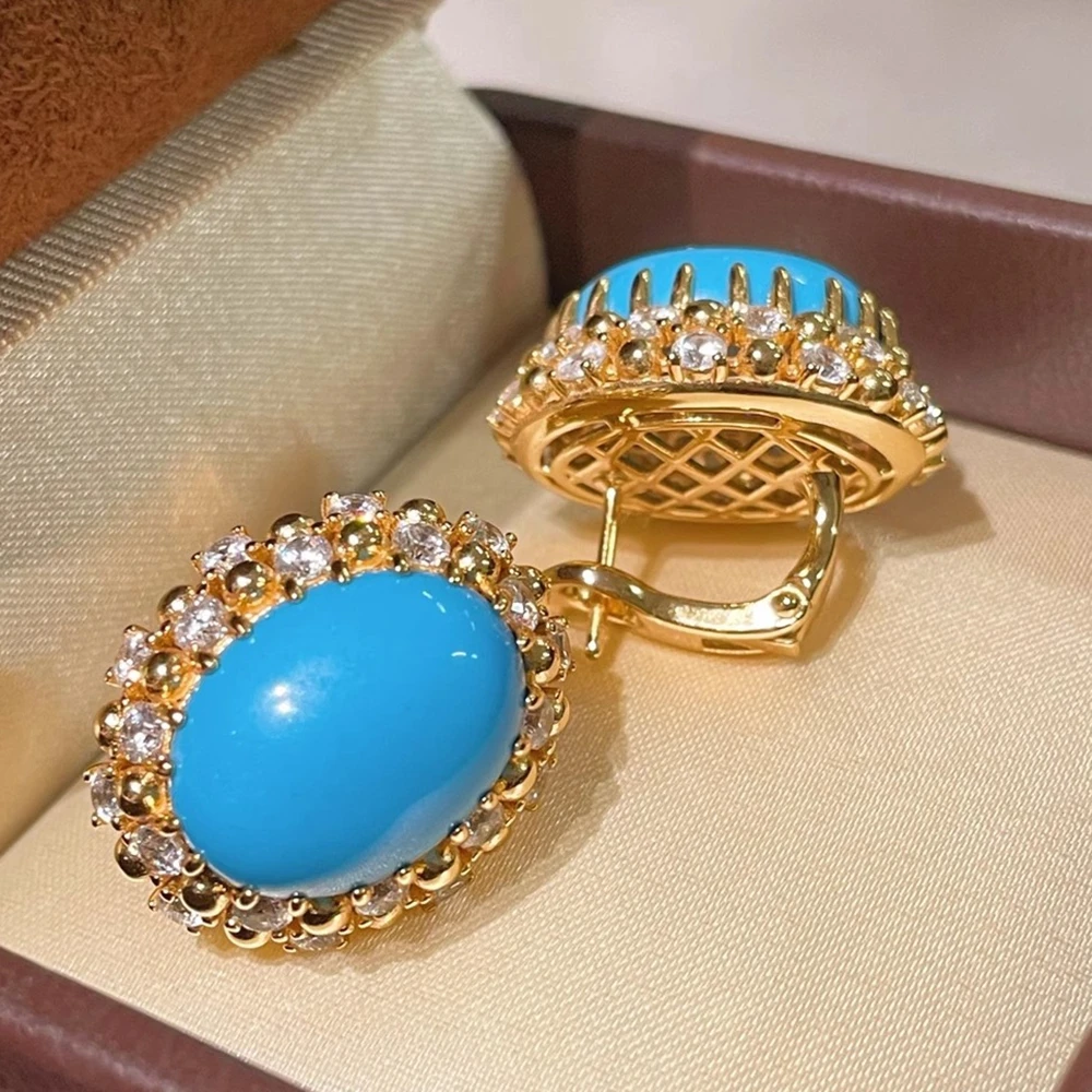 KQDANCE Solido Argento 925 Zircone Sintetico Taglio Uovo Blu Turchese Orecchini Placcato Oro Gioielleria Raffinata Per Le Donne Regali di Anniversario