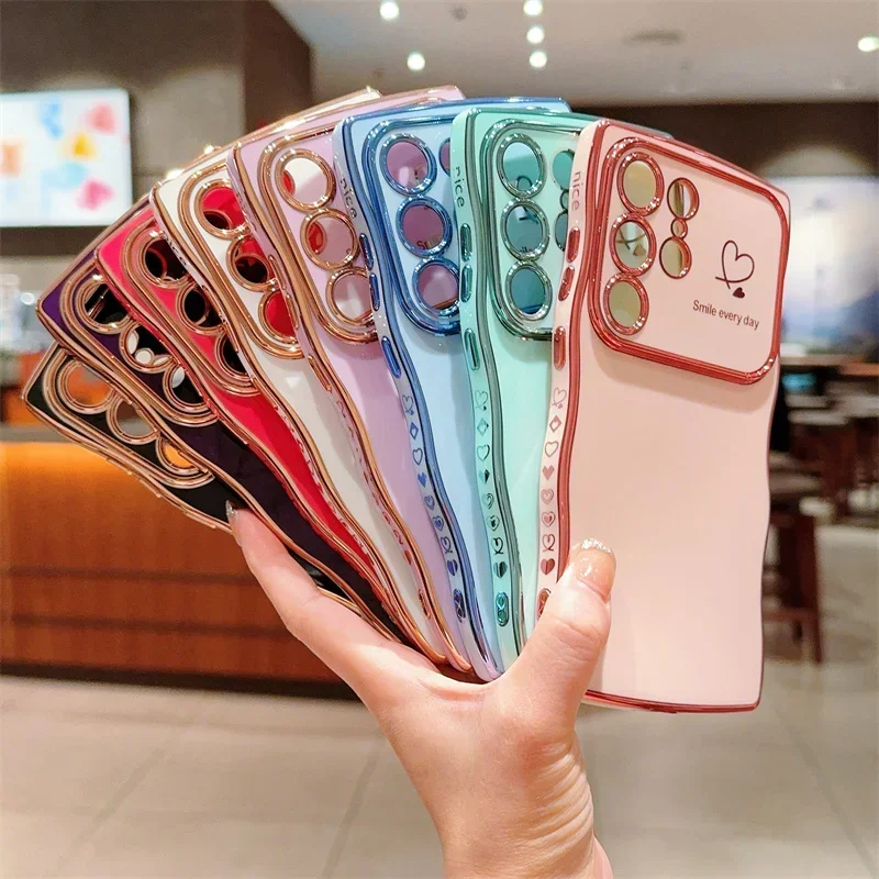 Wave Plating Love Heart Case For Samsung Galaxy S24 S23 FE S22 Plus Ultra A55 A15 A35 A25 A14 A54 A34 A24 Soft TPU Back Cover