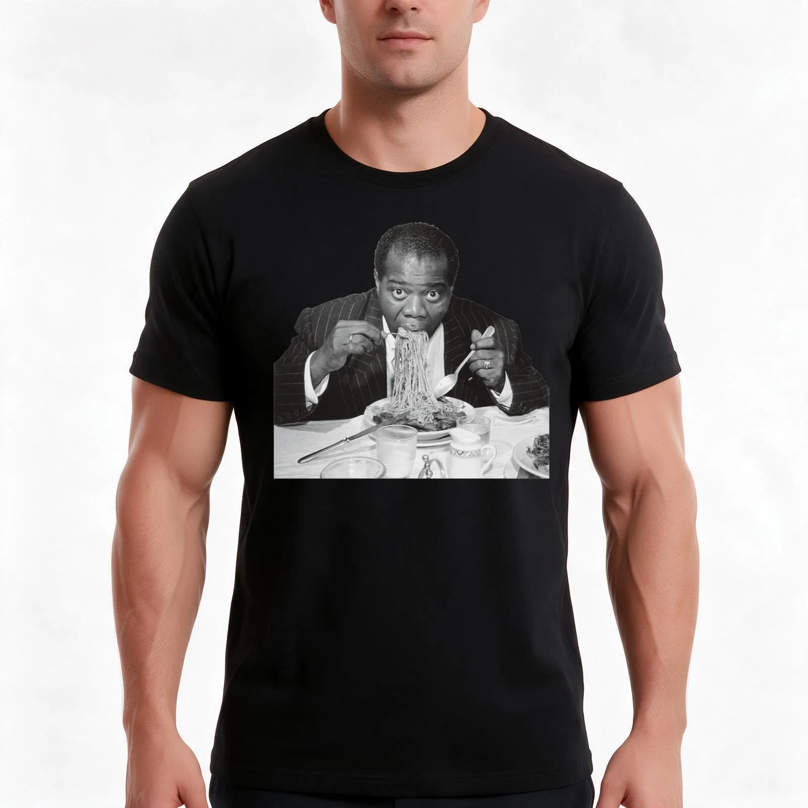 Louis Armstrong Eating Spaghetti T-Shirt Summer Casual Cotton Tee Oversized Streetwear Tops Vintage Graphic Print