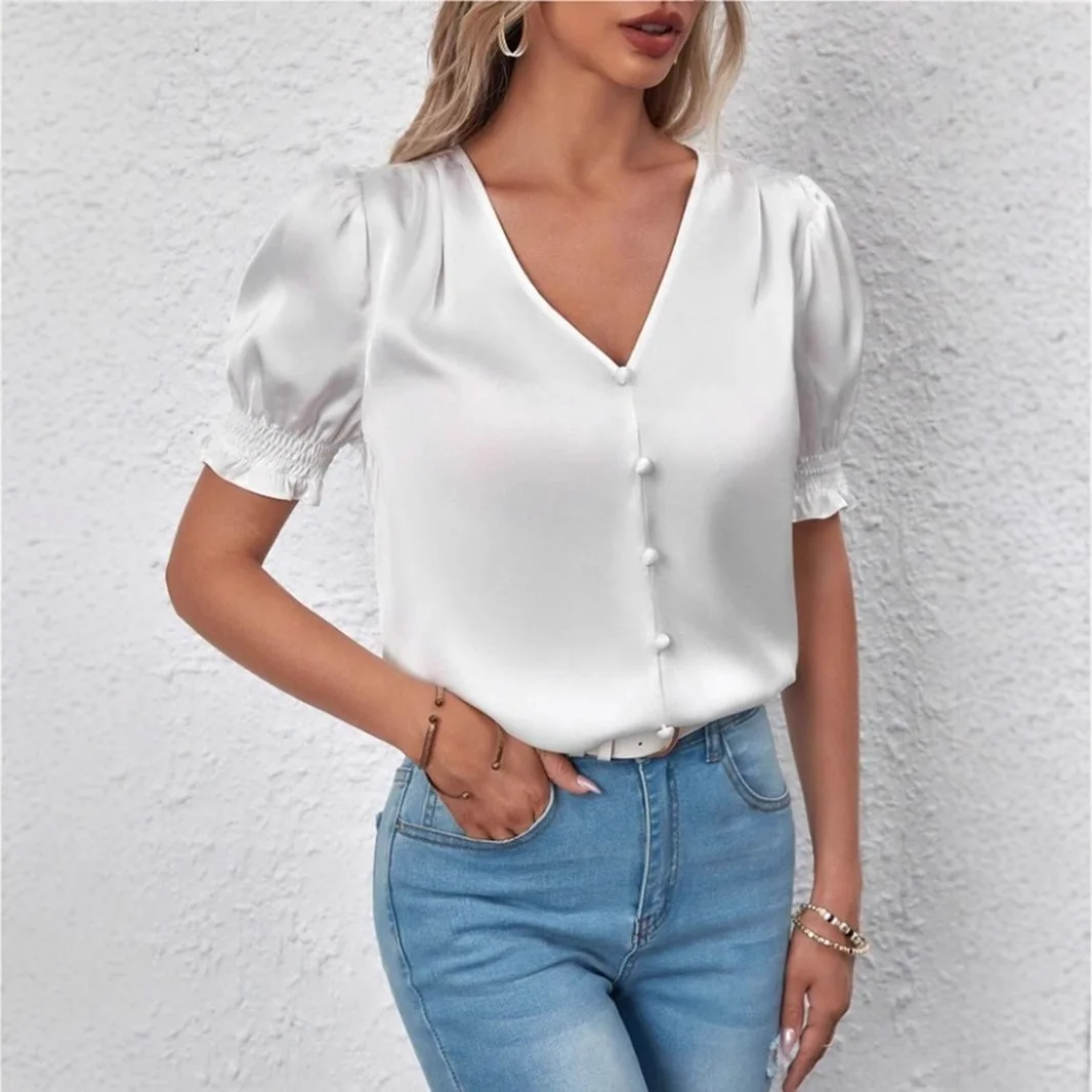 

New Satin V-neck Button-down Shirt, Spring and Summer Casual Short-sleeved Ruffle Shirt,