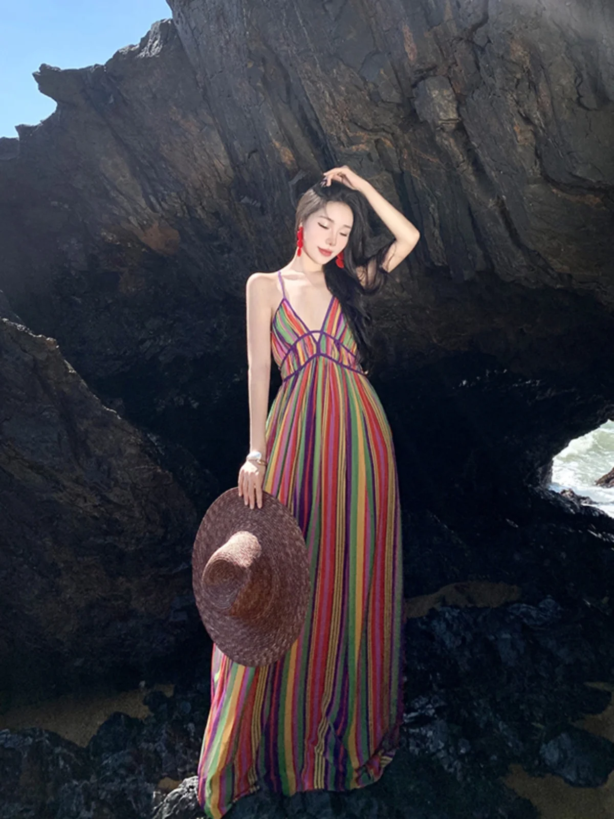 Rainbow Striped Spaghetti Straps Dress Summer Vacation Style Backless Seaside Bohemian Beach