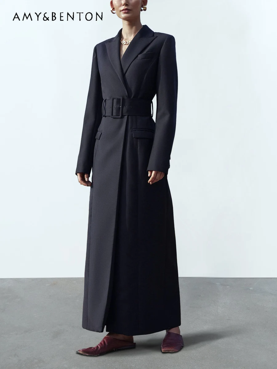 

High-Grade Suit Collar Belt Lace Up Slim Trench Coat for Women Commute Style Elegant Maxi Jacket Retro All Match Black Jackets
