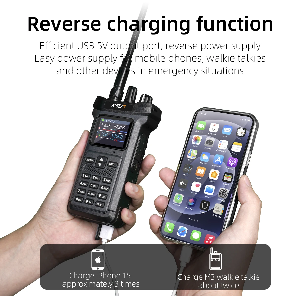 KSUN UV119D 20W VHF UHF senter Dual Band, tranceiver Radio Ham Walkie Talkie kekuatan tinggi pengisian terbalik