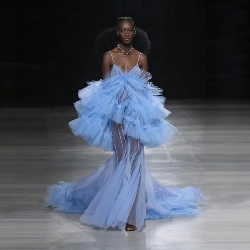 

Sky Blue Ruffled Maxi Dress To Party A Line Spaghetti Prom Gowns Pleated Shoulder Sheer Transparent Long Layered Prom Gown