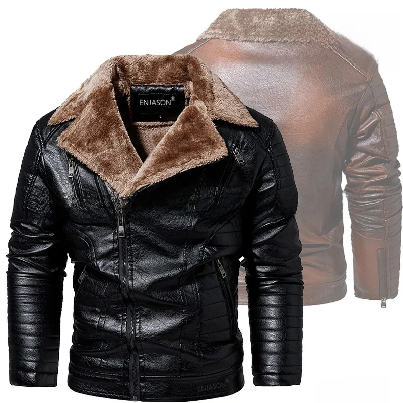 

Men's Fce Lined Jaet with Diagonal Zipper And Suit Collar PU Leather Jaet Hard Man Sle Busin Casual Winter Coat