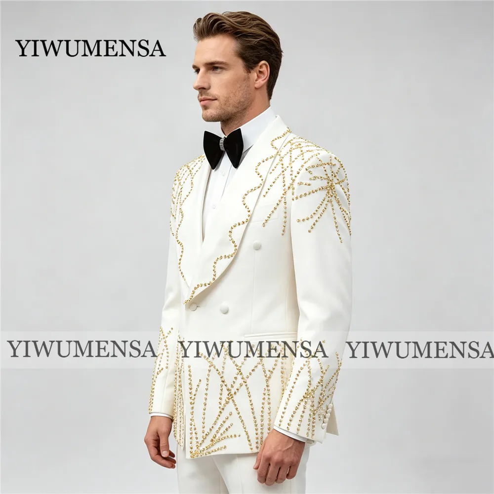 

Luxury Suit Men 2 Piece Sets Beaded Stones Jacket Pants Customized Wedding Groom Tuxedos Formal Wear Blazer Man Banquet Attire