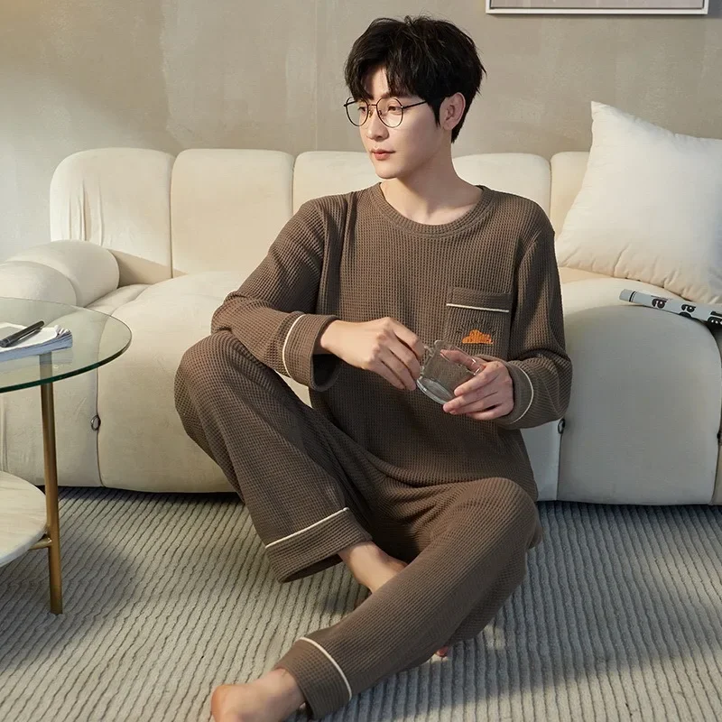 Big Size Pajamas Men Long Sleeve SpringCotton Loose Home Wear Korean Teenagers Loungewear Long-sleeved Trousers Two-piece Set