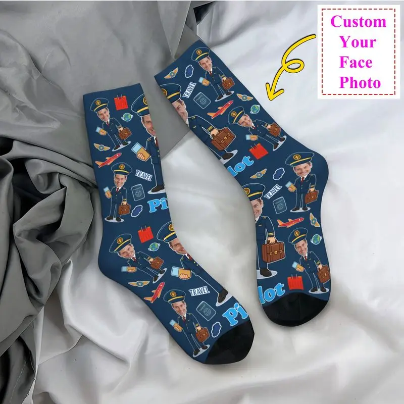 Novelty Men's Funny Pilot Custom Dress Socks Unisex Warm Breathbale 3D Print Personalized Face Photo Design Crew Socks