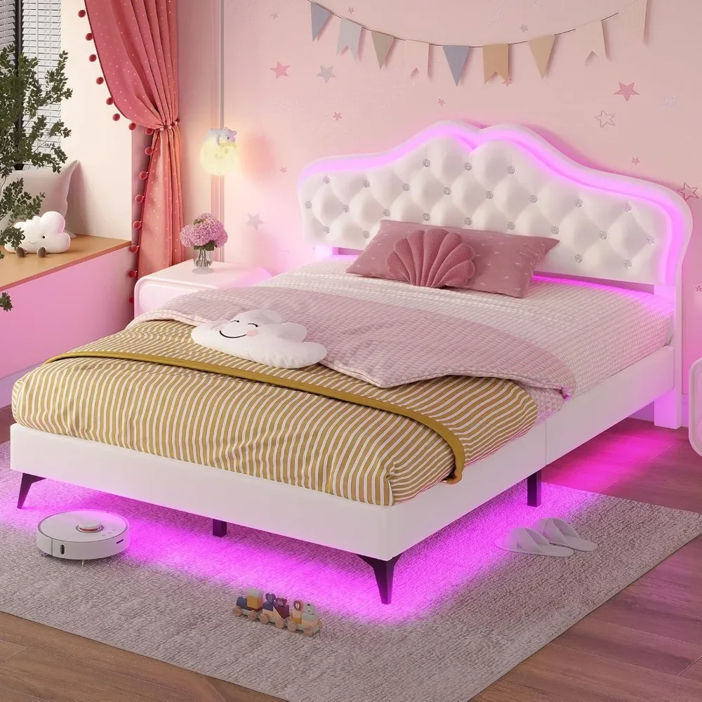 

Full Bed Frame with RGB LED Lights, Princess Bed Frame with Adjustable Crystal Button Headboard, Velet Upholstered Platform Bed