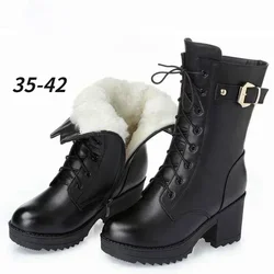 Botas de couro genuínas de salto alto femininas, lã grossa, quente, sapatos de neve, alta qualidade, feminino, inverno, 2022