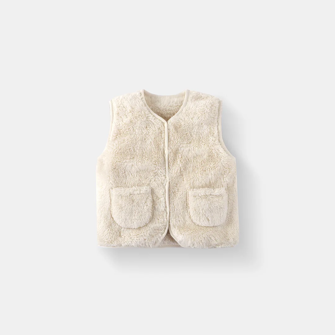 

Autumn Winter Children's Plush Vest Coat Solid Color Round Neck Pocket Button Casual Warm Simple Basic Children's Coat Top，W268