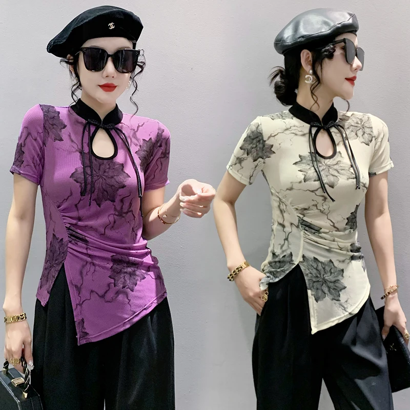 Madblack Zomer Europese Kleding T-Shirt Vrouwen Retro Onregelmatige Inkt Schilderij Chinese Stijl Tops Korte Mouw T-Shirts 2023 Newt 34623M